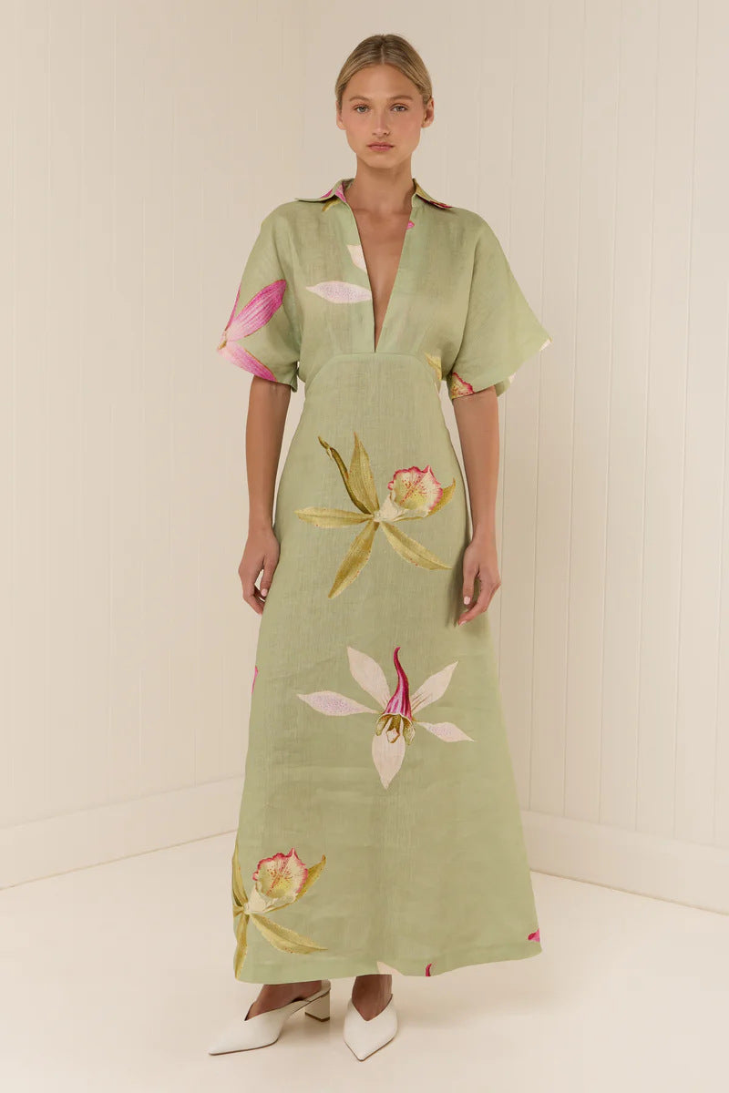Melba Lane – linen floral collared maxi dress, detail view, AU women's sizes