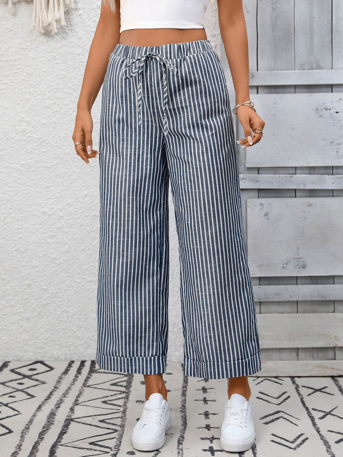 Melba Lane – Devizes denim blue striped cropped wide-leg pants, front view showing the drawstring waist, AU women's sizes