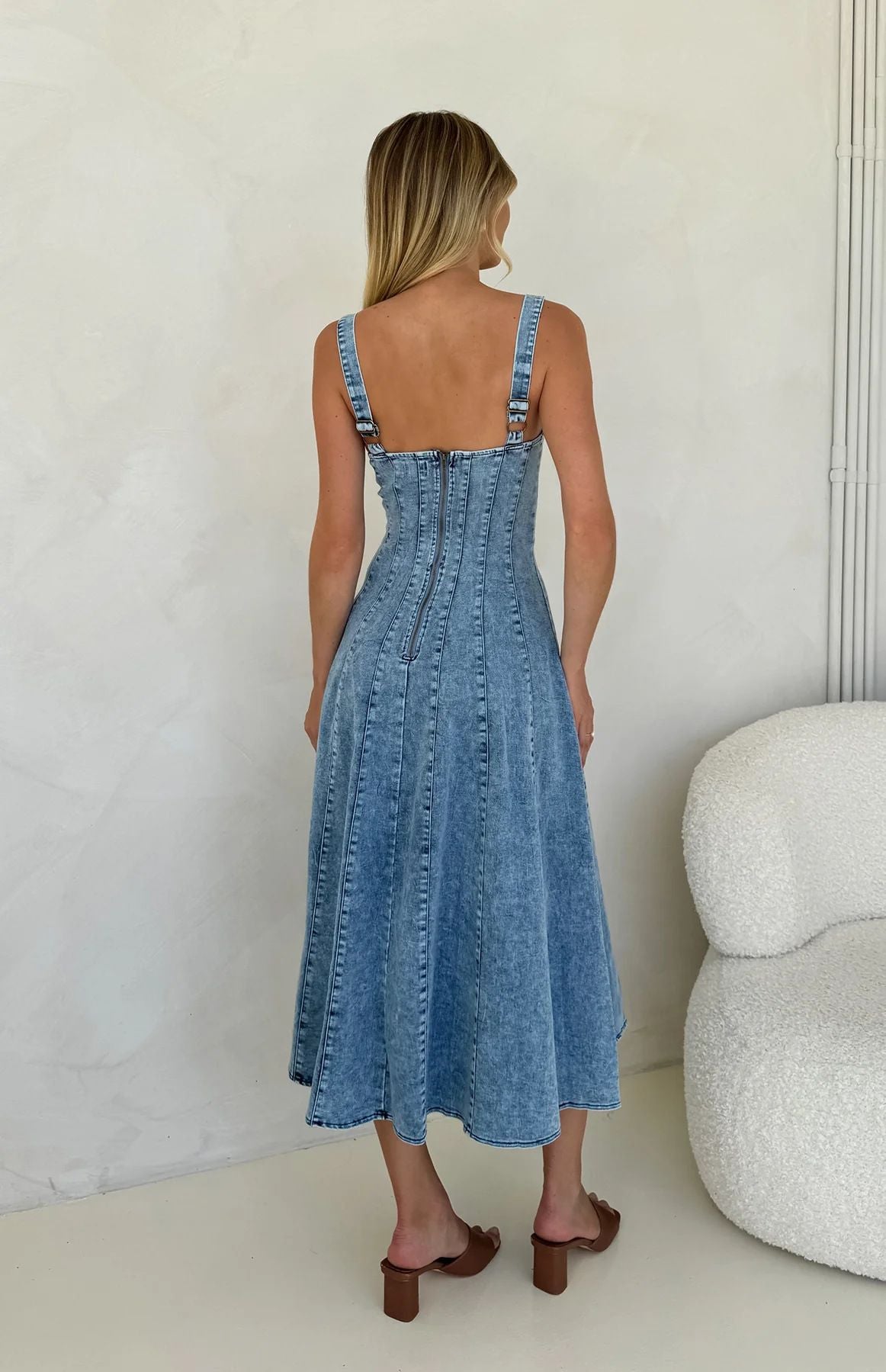 Melba Lane – blue square neck denim maxi dress, back view, AU women's sizes