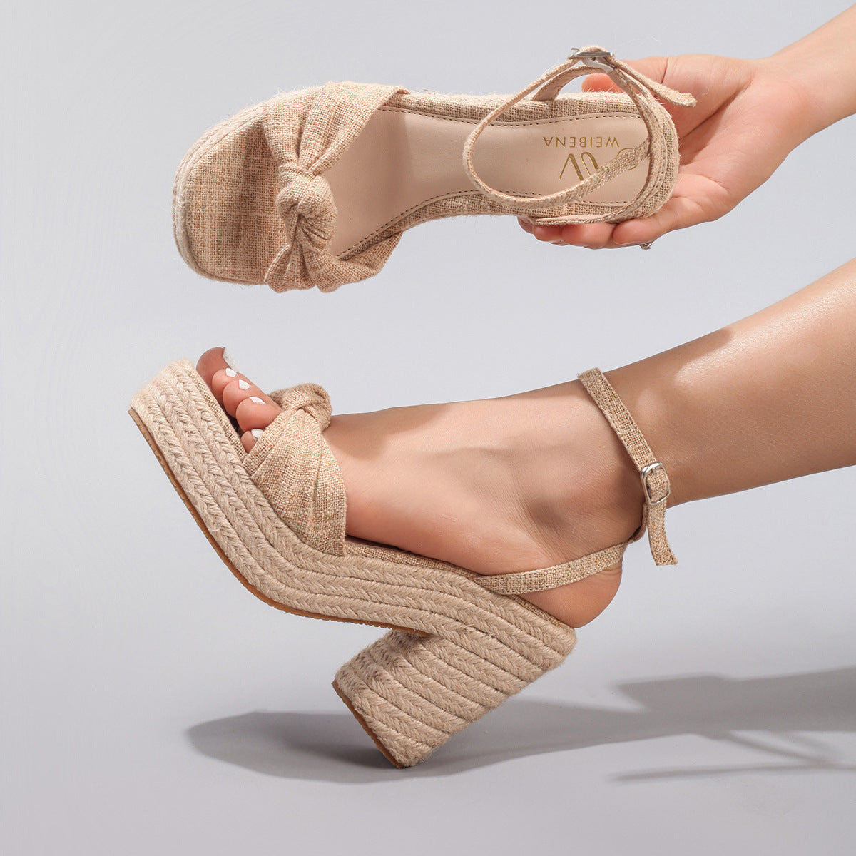 Melba Lane – Tan knotted bow espadrille wedge sandals, front and side view, AU women's sizes