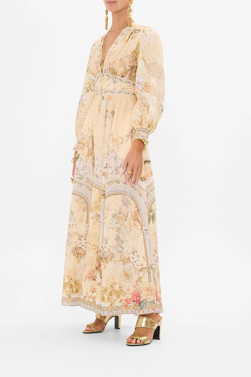 Melba Lane – floral chiffon puff sleeve maxi dress, side view, AU women's sizes