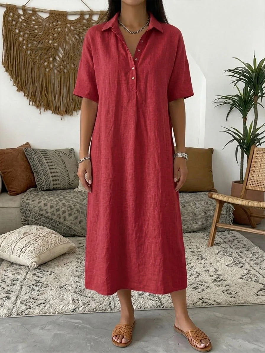 Melba Lane – Nerano red collared linen shirt midi dress, full-length front view in a boho living room, AU women's sizes