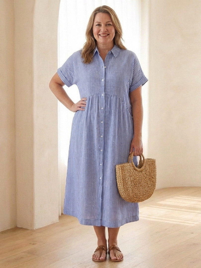 Melba Lane – Monterey Sky Blue striped linen shirt dress, full-length front view, AU women’s sizes