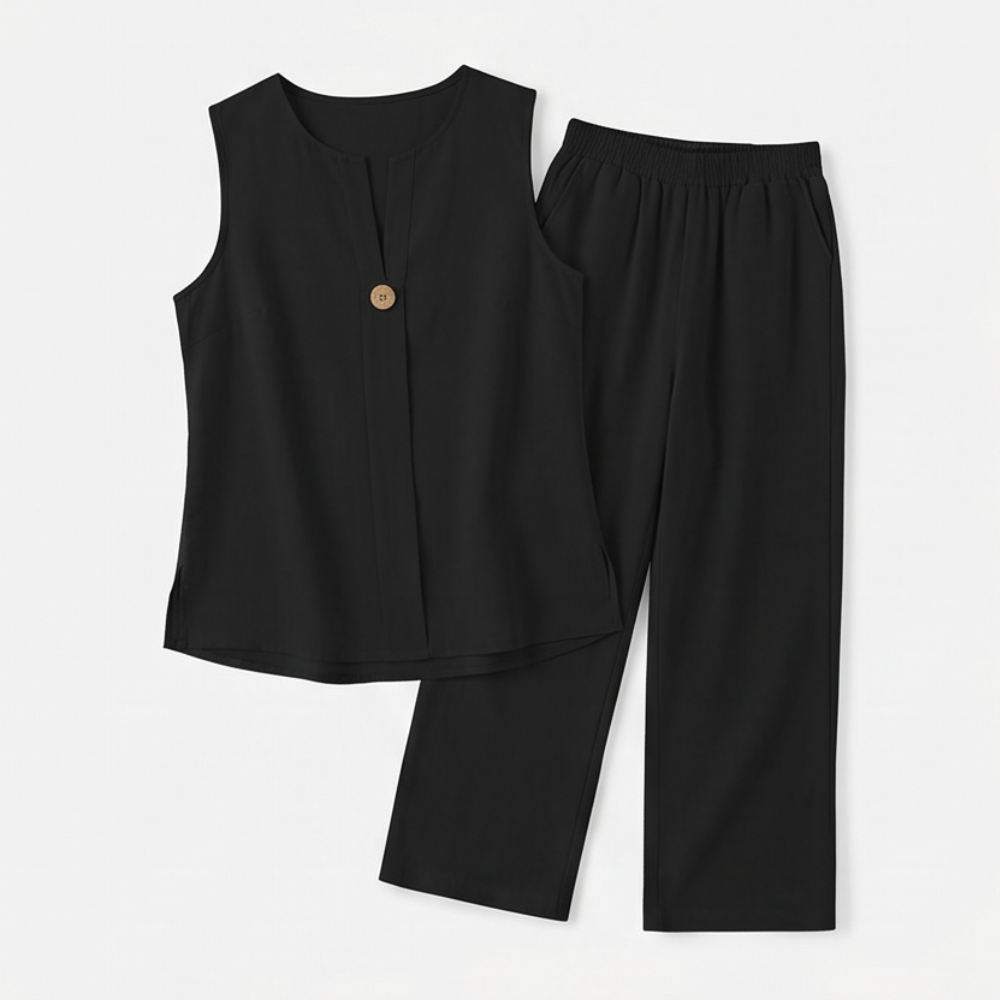 Melba Lane – Sperlonga black sleeveless top and wide-leg pants flat lay, AU women's sizes
