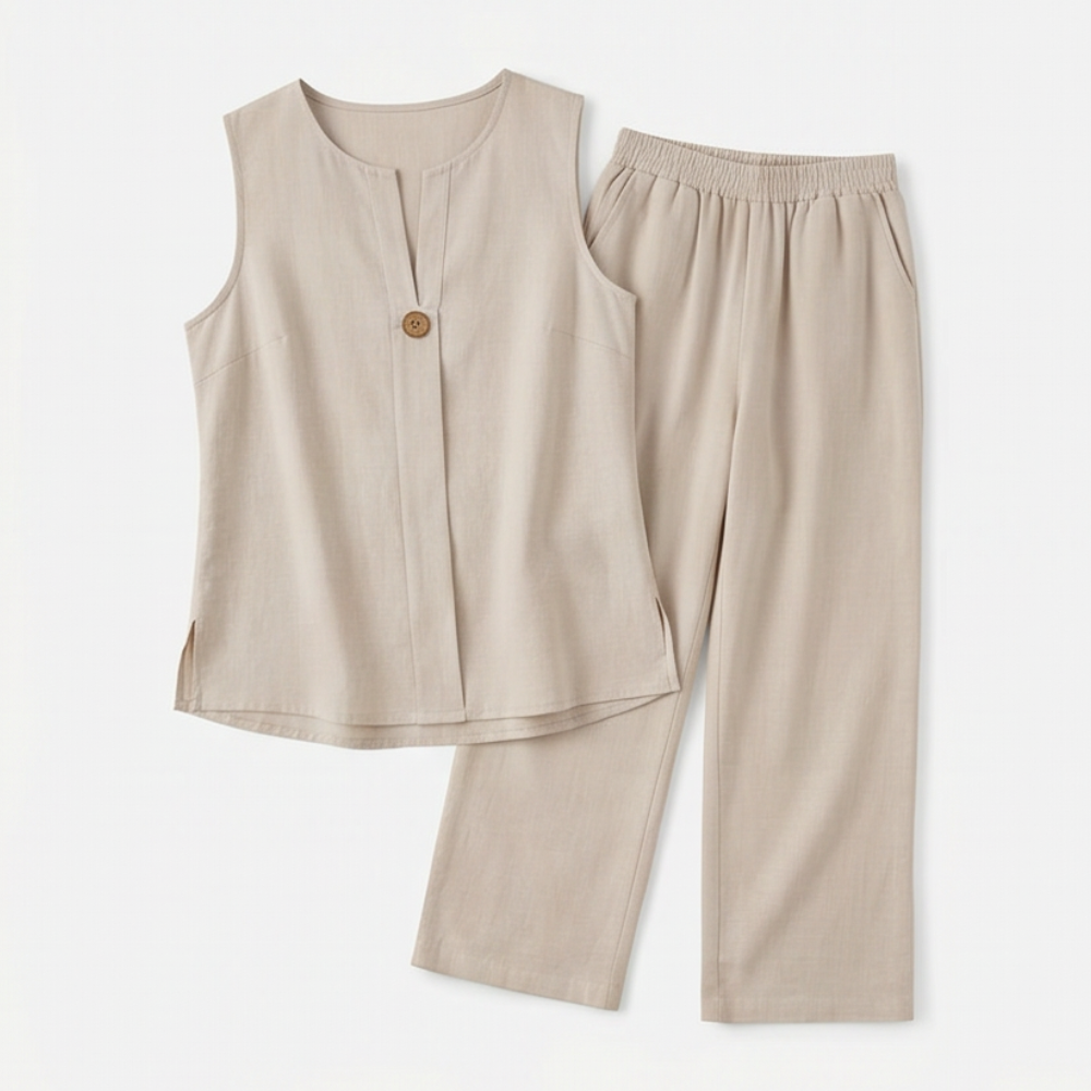 Melba Lane – Sperlonga beige sleeveless top and wide-leg pants flat lay, AU women's sizes