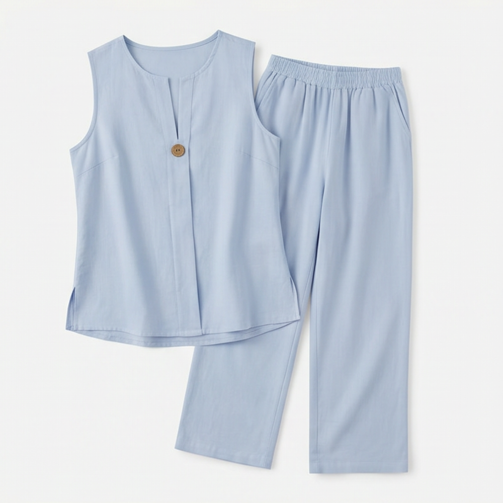Melba Lane – Sperlonga sky blue sleeveless top and wide-leg pants flat lay, AU women's sizes