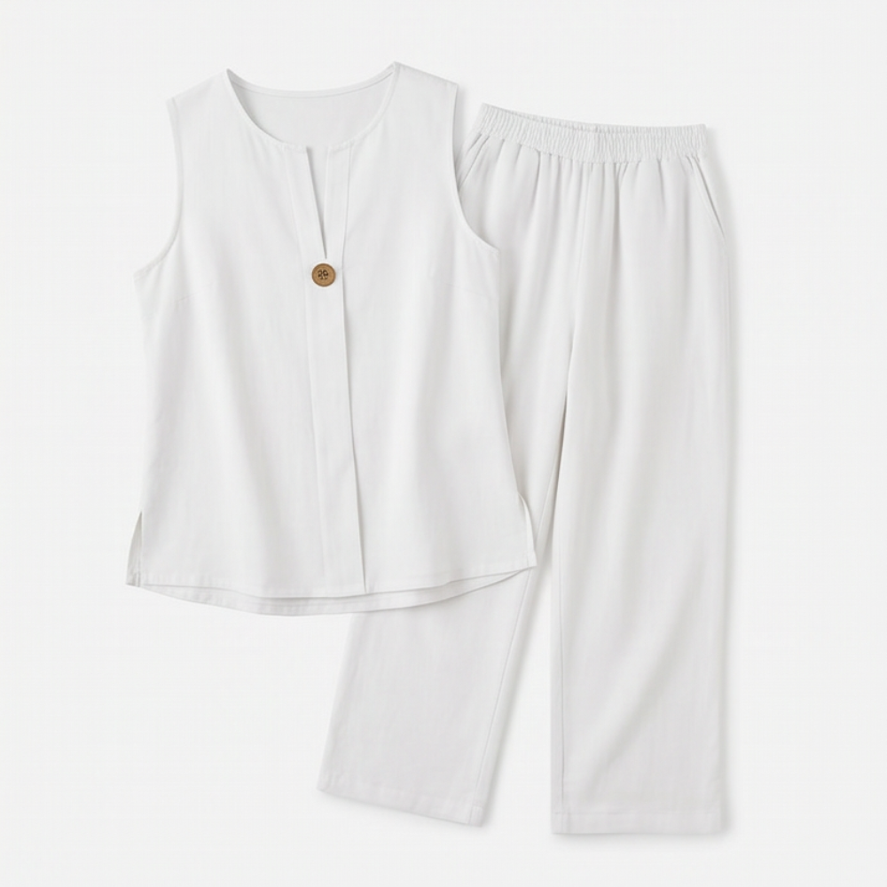 Melba Lane – Sperlonga white sleeveless top and wide-leg pants flat lay, AU women's sizes