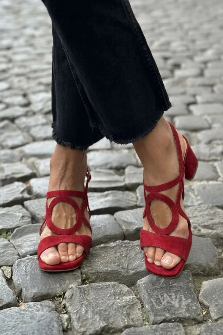 Melba Lane – red suede ring-cutout block heel sandals front view, AU women's sizes