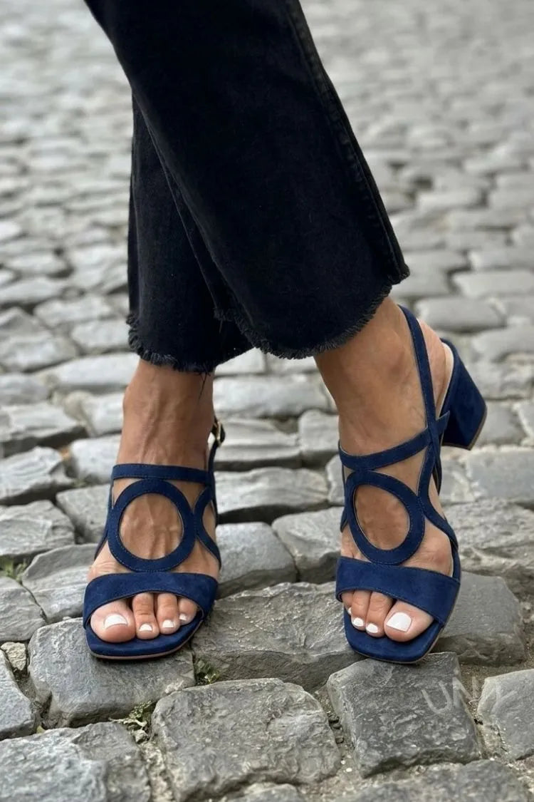 Melba Lane – magenta suede ring-cutout block heel sandals angled view, AU women's sizes