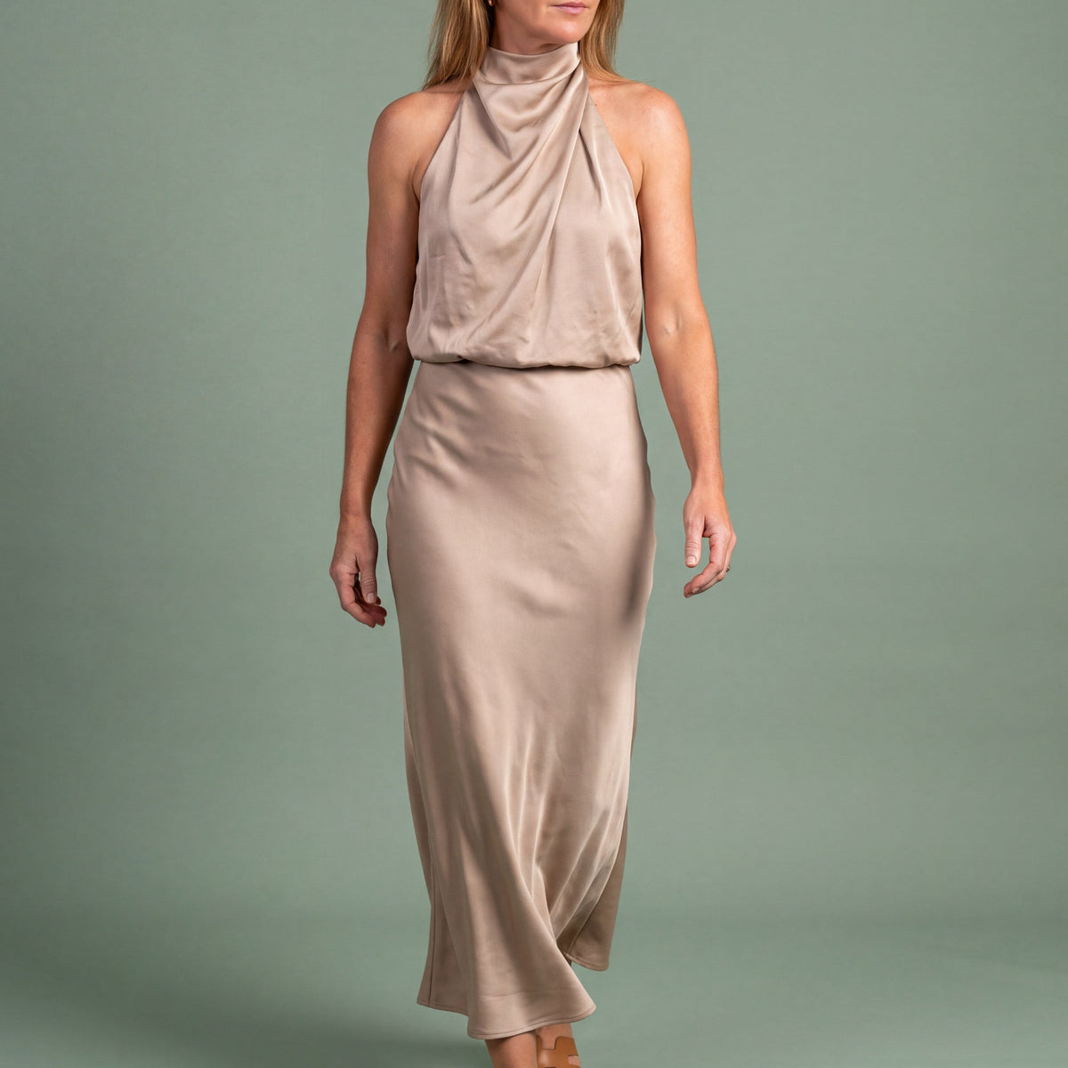 Melba Lane - beige draped neck satin midi dress, full length studio view, AU women's sizes