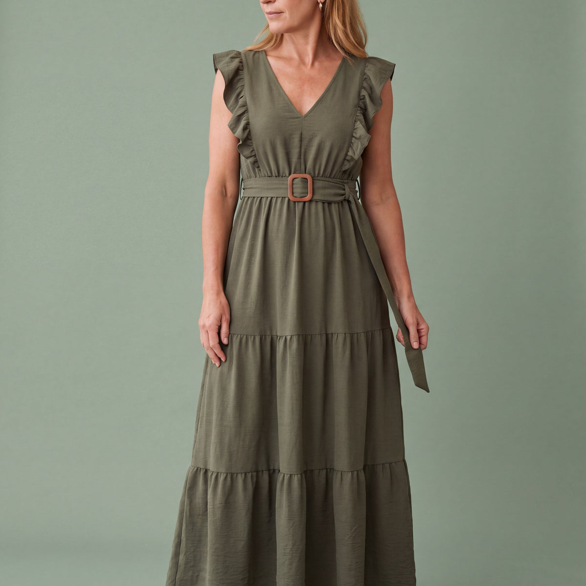 Melba Lane - green tie belt ruffle maxi dress with side slit, full length, AU women's sizes