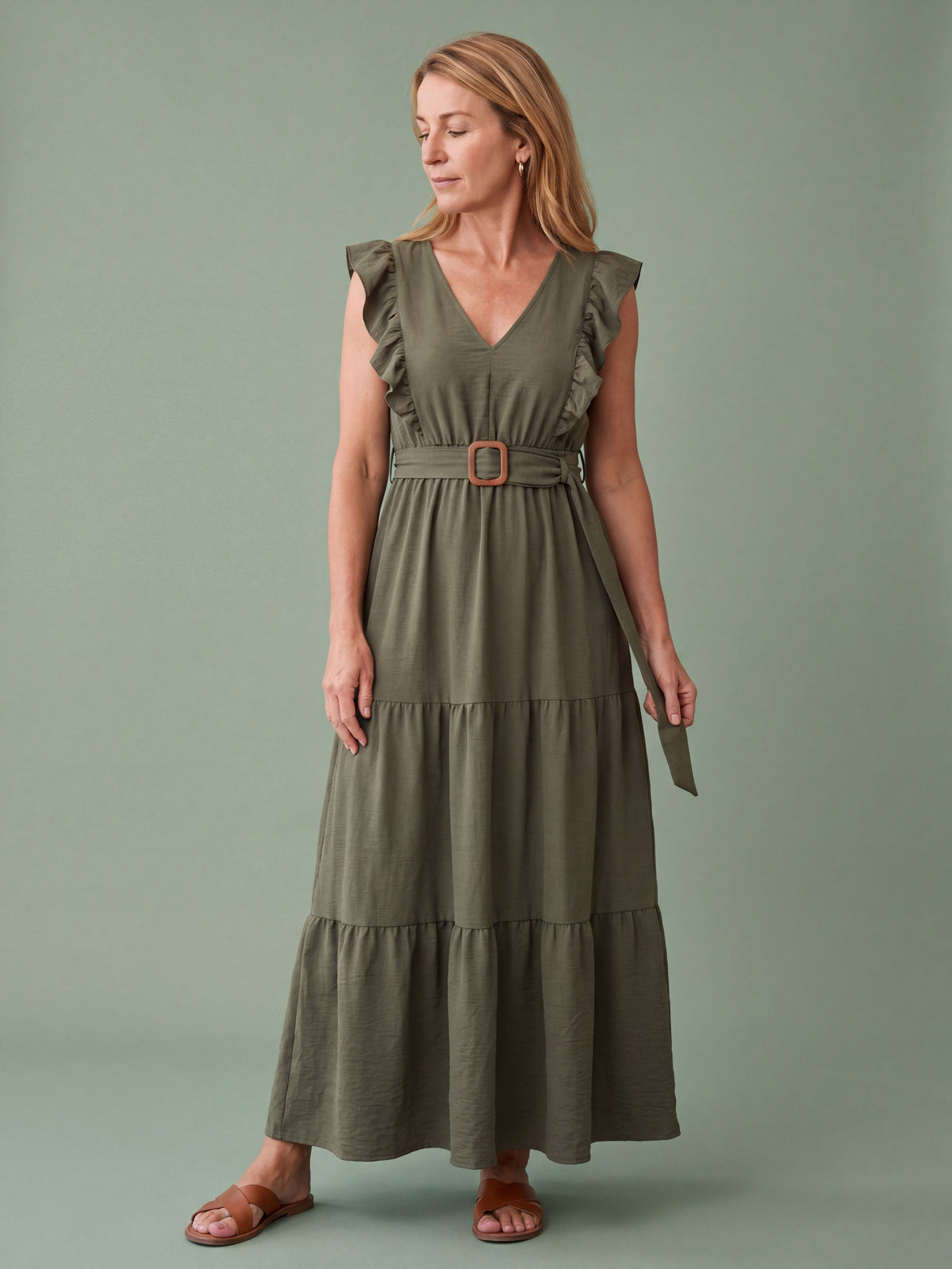 Melba Lane - green tie belt ruffle maxi dress with side slit, full length, AU women's sizes