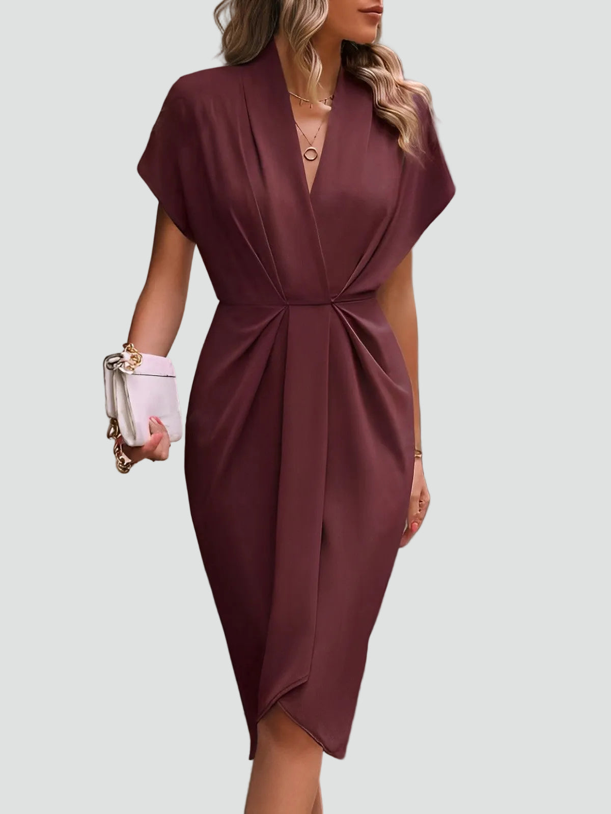 Melba Lane – rust wrap midi dress, ruched twist front detail, AU women's sizes