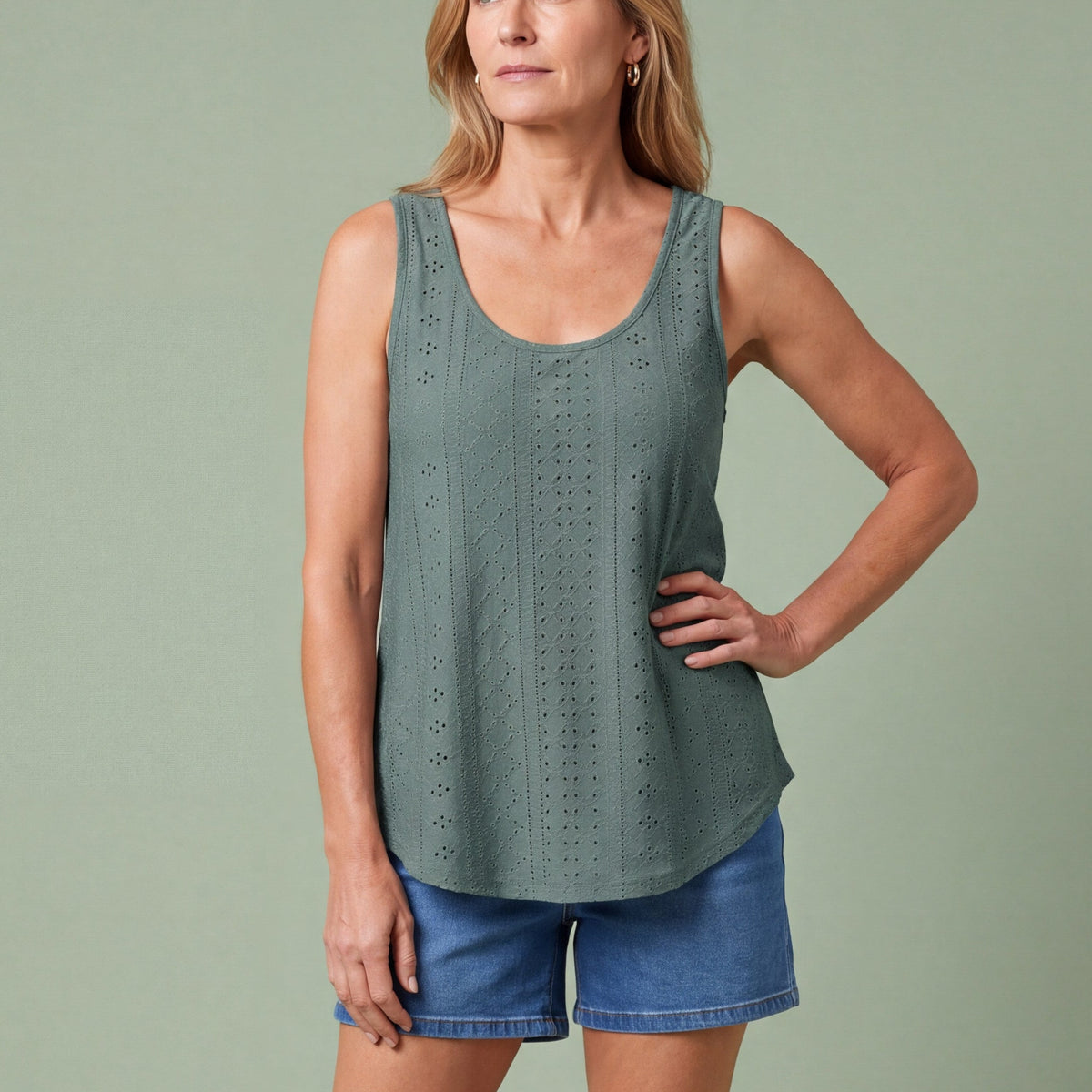 Melba Lane - green eyelet detail swing tank top, full length studio view, AU women's sizes