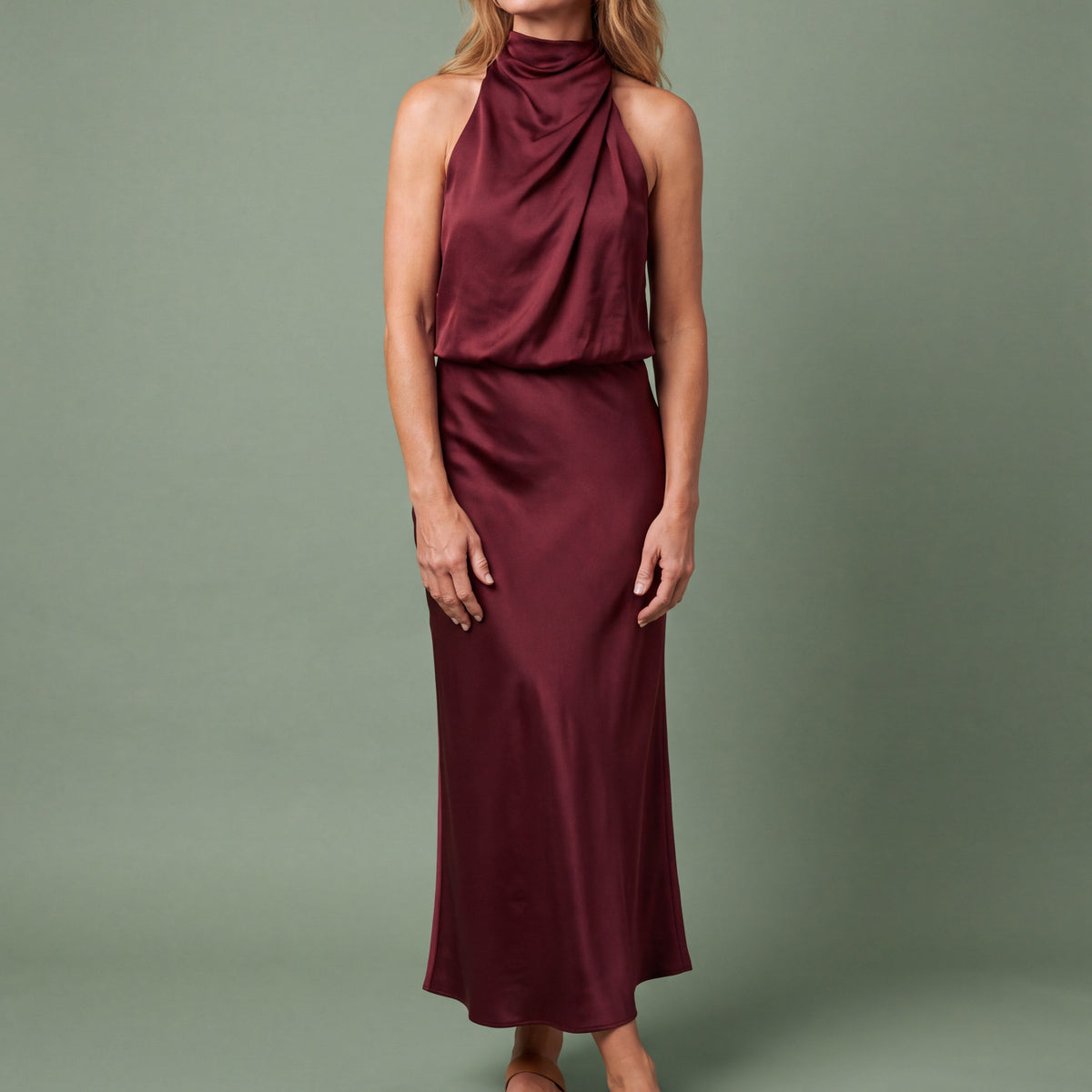 Melba Lane - burgundy draped neck satin midi dress, full length studio view, AU women's sizes