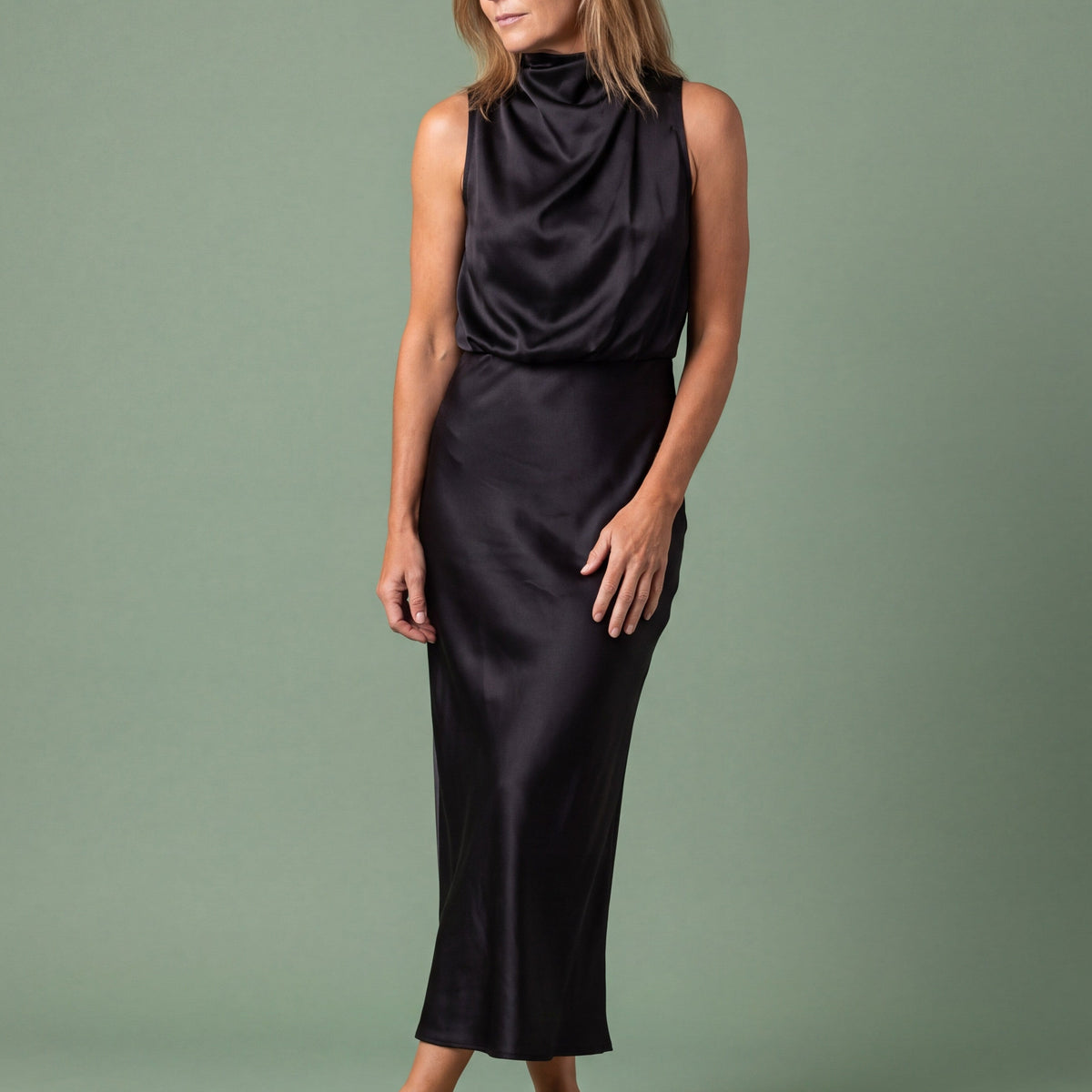 Melba Lane - black draped neck satin midi dress, full length studio view, AU women's sizes