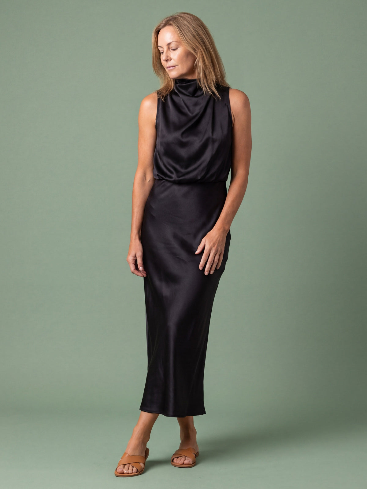 Melba Lane - black draped neck satin midi dress, full length studio view, AU women's sizes