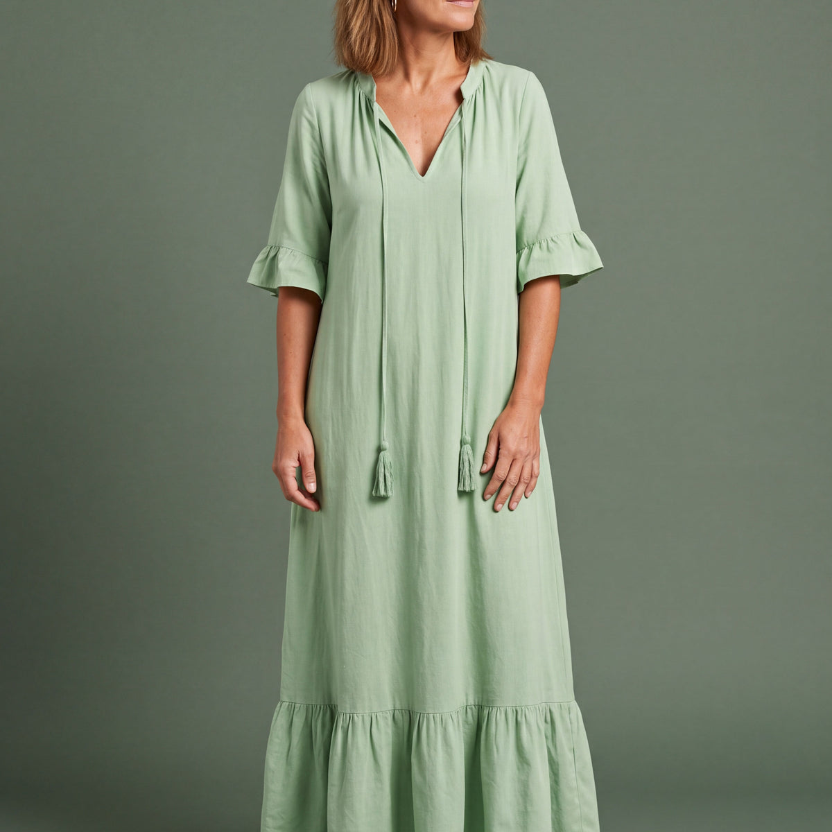Melba Lane - green tiered print maxi dress with tassel tie, full length, AU women's sizes