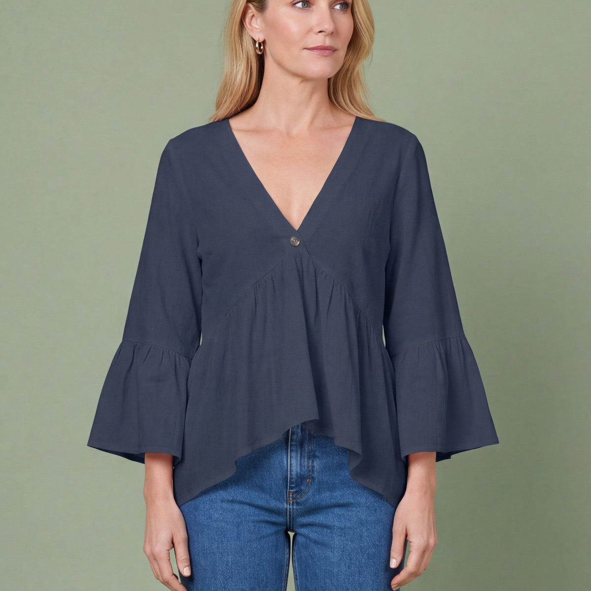 Melba Lane - navy bell sleeve V neck blouse, full length studio view, AU women's sizes