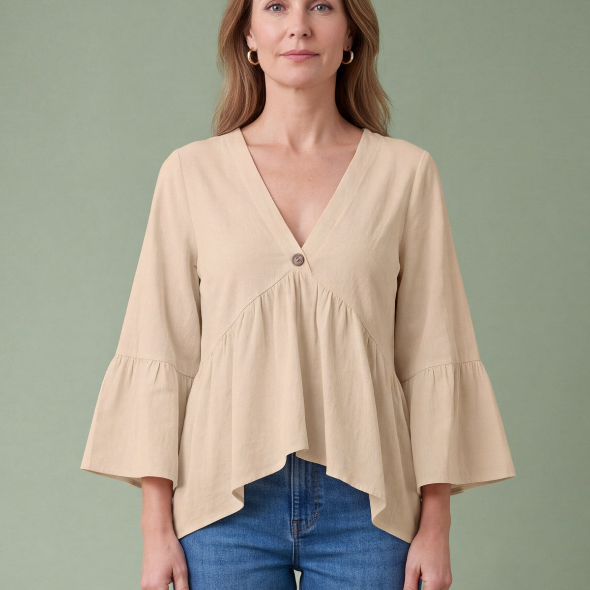 Melba Lane - orange bell sleeve V neck blouse, full length studio view, AU women's sizes