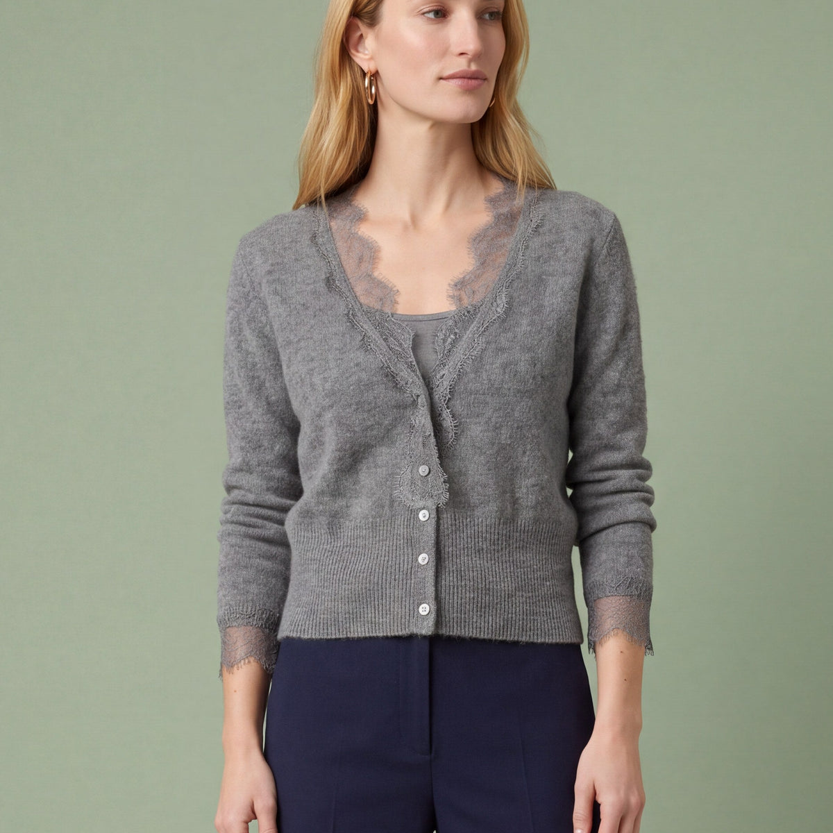Melba Lane - grey fine knit cardigan with lace panels, full length view, AU women's sizes