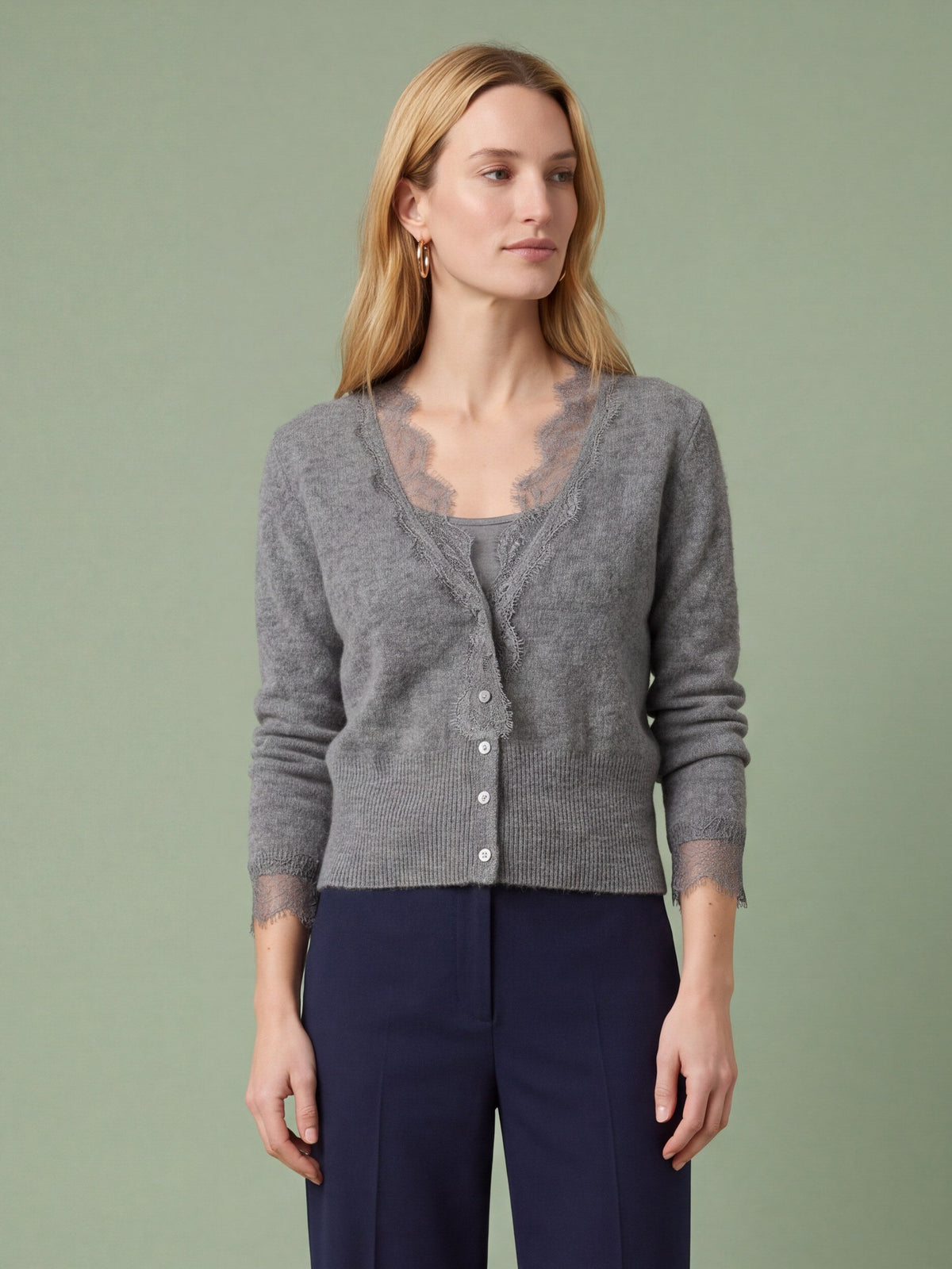 Melba Lane - grey fine knit cardigan with lace panels, full length view, AU women's sizes