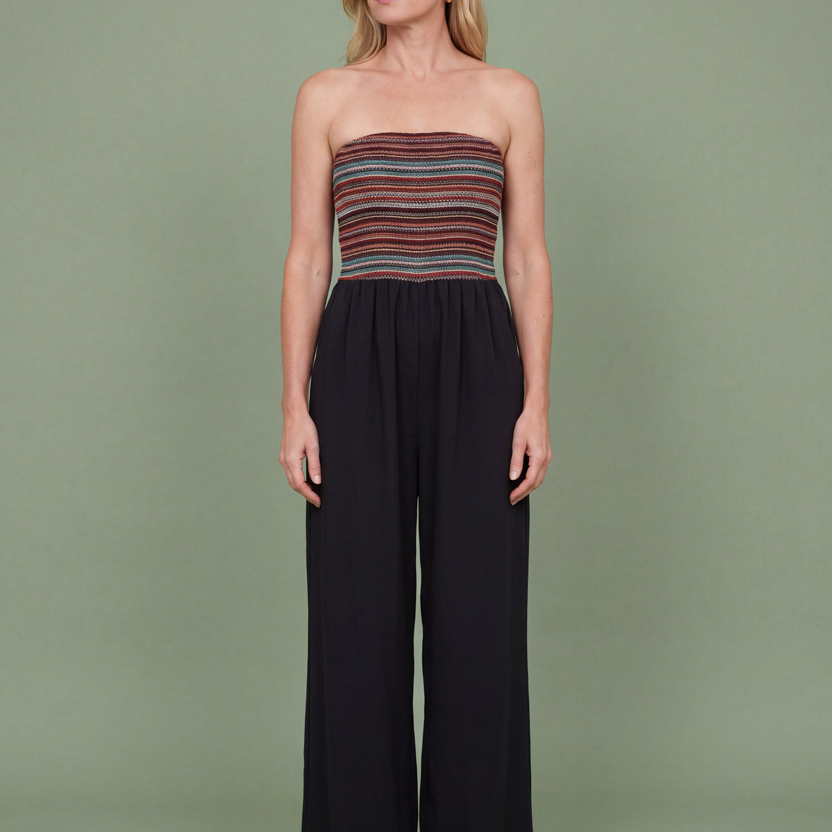 Melba Lane - green strapless wide leg jumpsuit, full length studio view, AU women's sizes