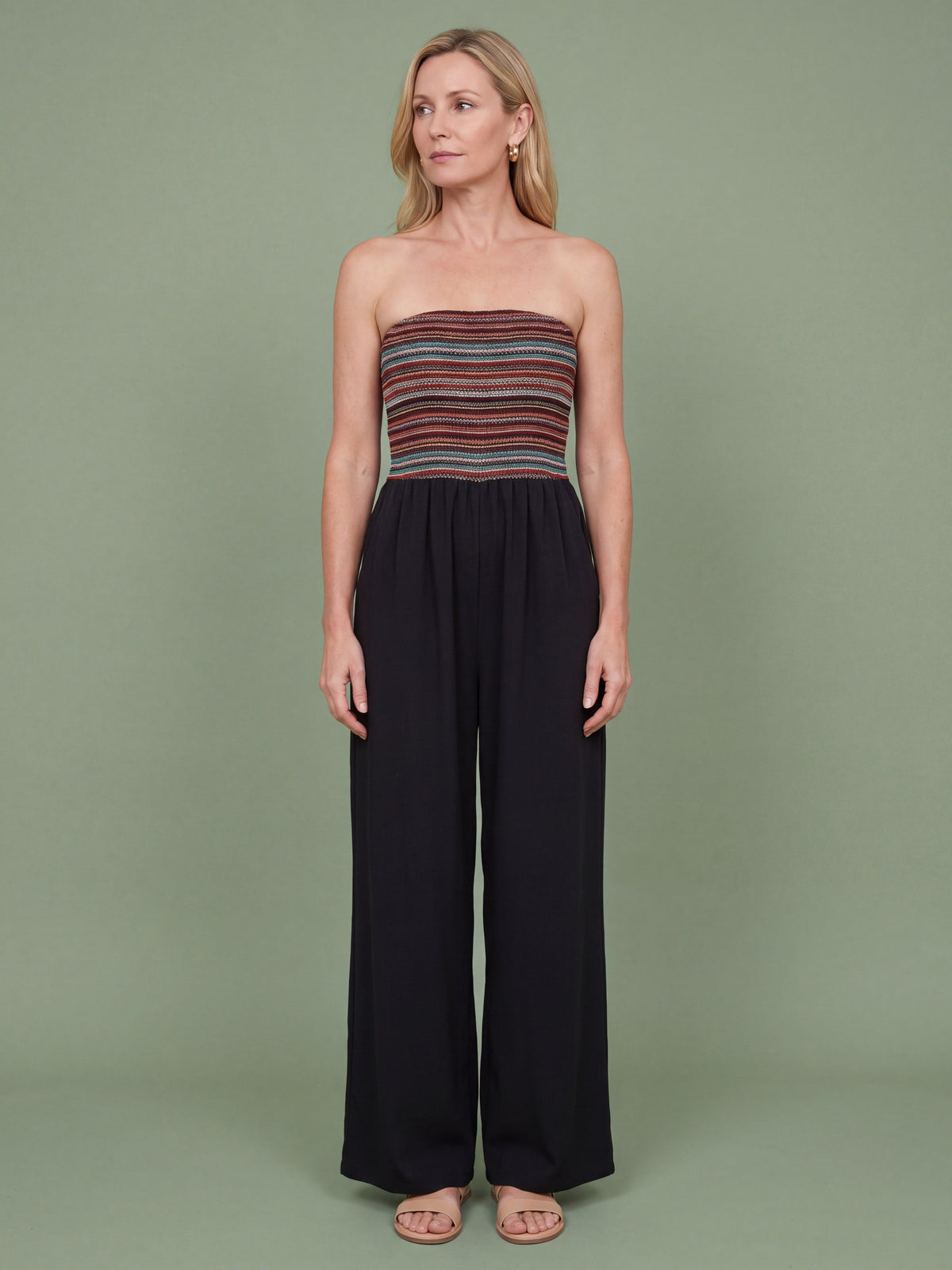 Melba Lane - green strapless wide leg jumpsuit, full length studio view, AU women's sizes