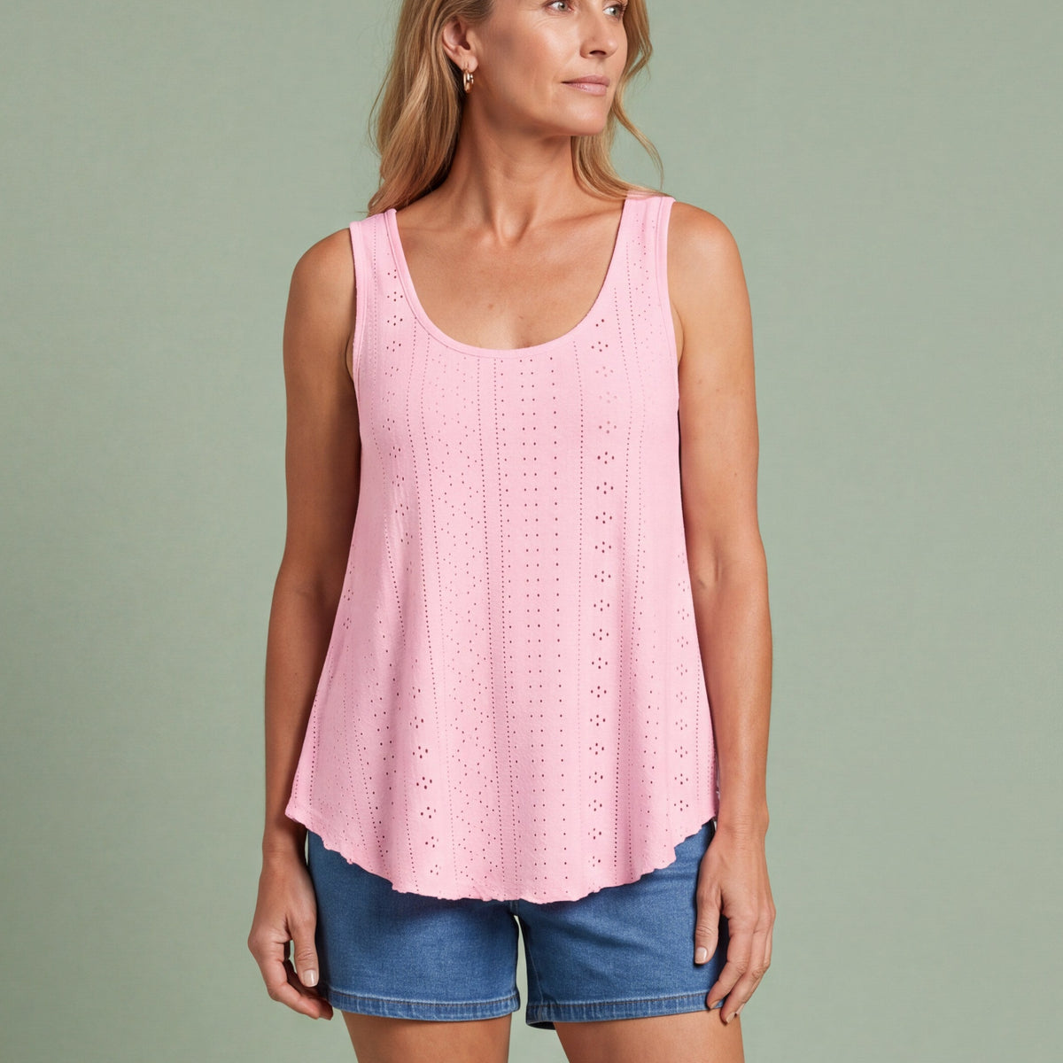 Melba Lane - pink eyelet detail swing tank top, full length studio view, AU women's sizes