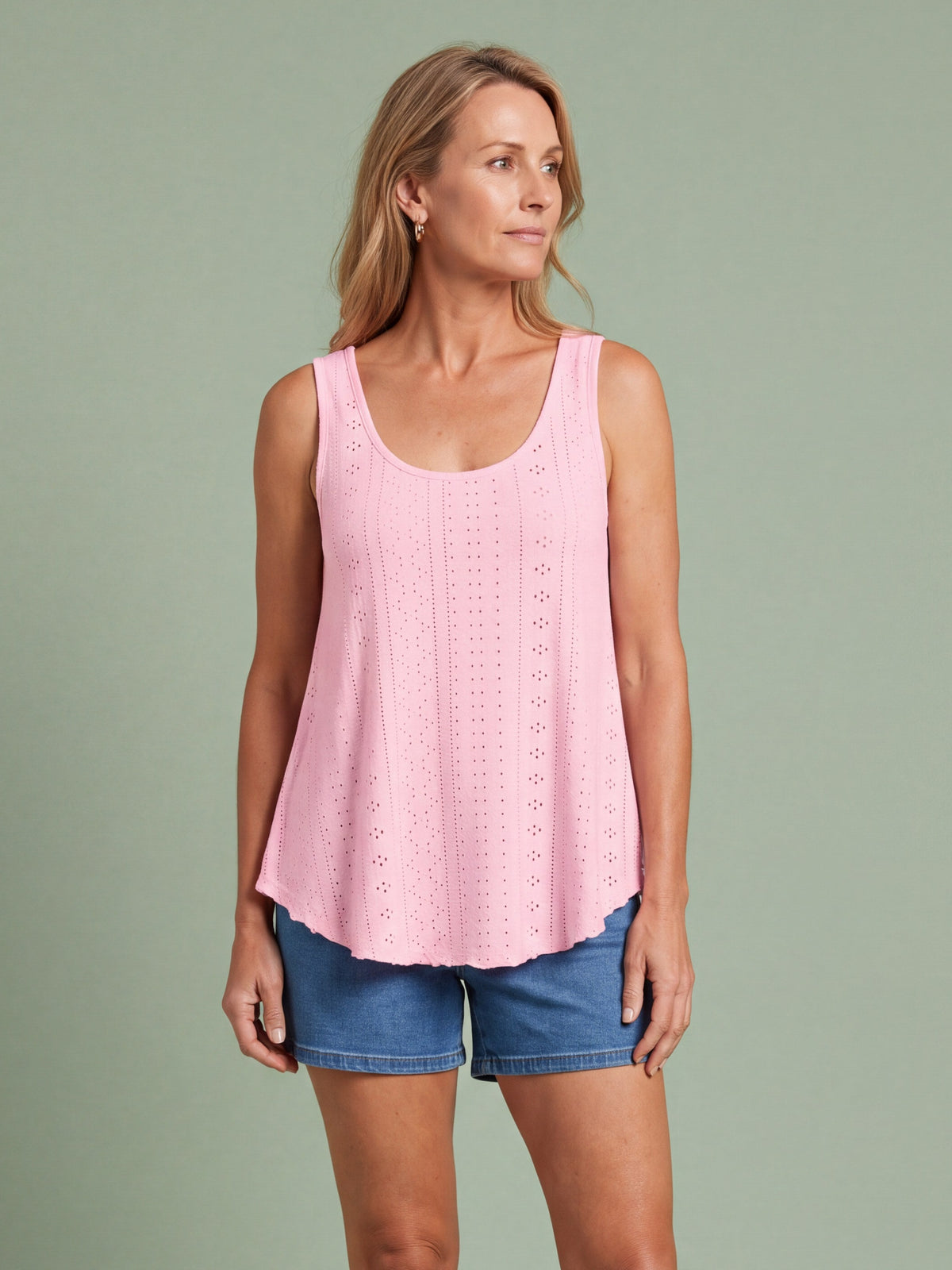 Melba Lane - pink eyelet detail swing tank top, full length studio view, AU women's sizes