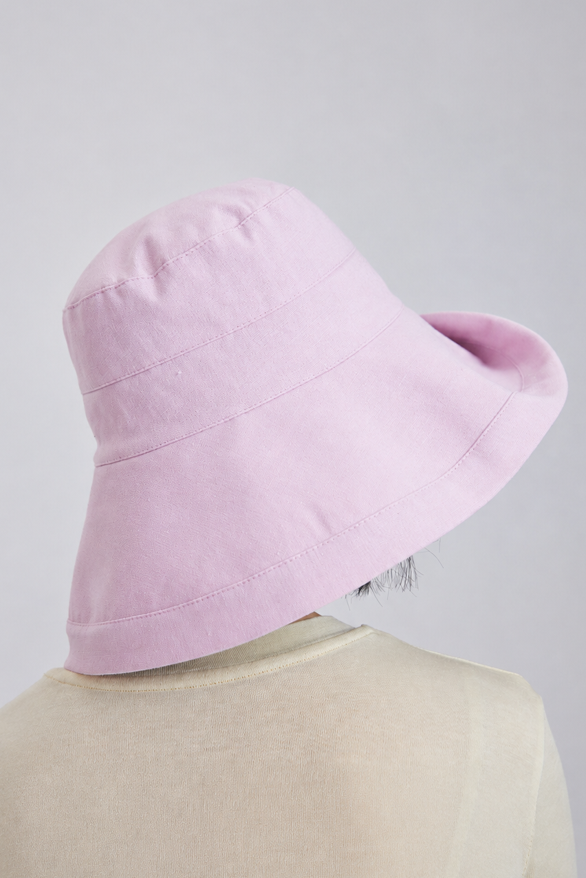 Melba Lane – Tossa pink wide-brim bucket sun hat photographed from the back, showing the depth of the brim at the neck