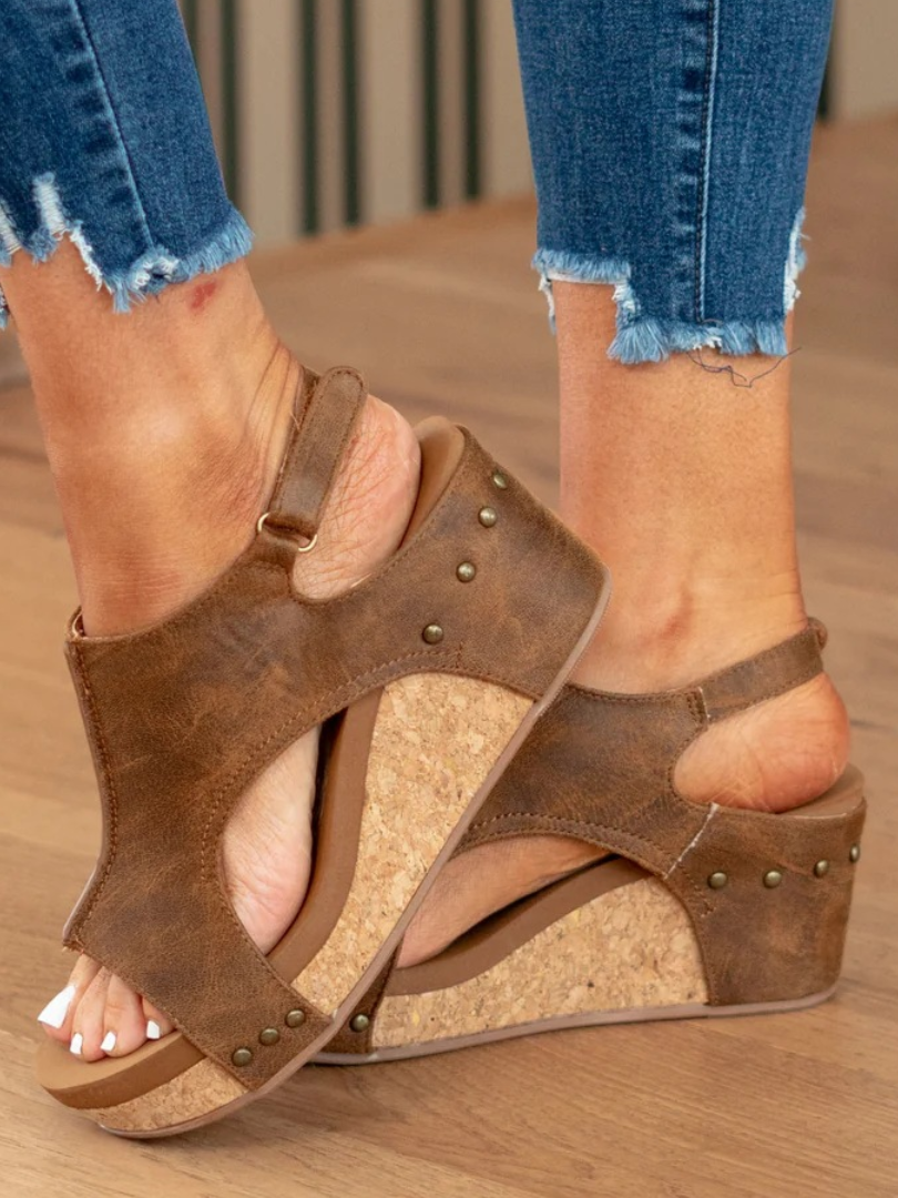 Melba Lane - brown cork wedge slingback sandals worn with jeans, cork wedge detail, AU women's sizes