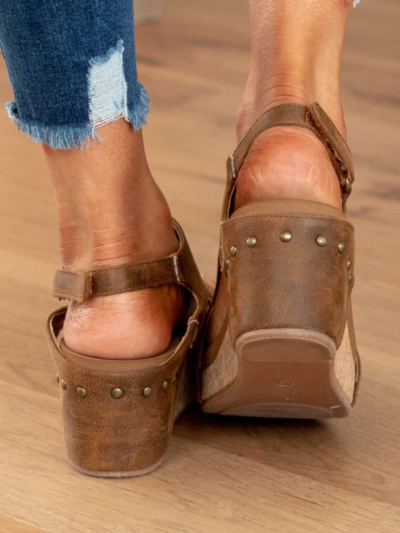 Melba Lane - brown cork wedge slingback sandals worn with jeans, back view, AU women's sizes