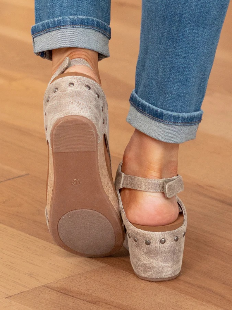Melba Lane - beige cork wedge slingback sandals worn with jeans, sole and back, AU women's sizes