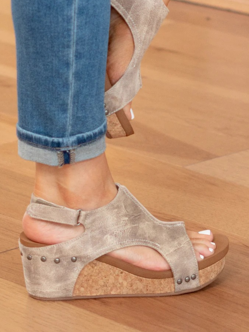 Melba Lane - beige cork wedge slingback sandals worn with jeans, back angle, AU women's sizes