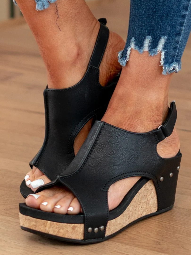 Melba Lane - black cork wedge slingback sandals worn with jeans, side view, AU women's sizes