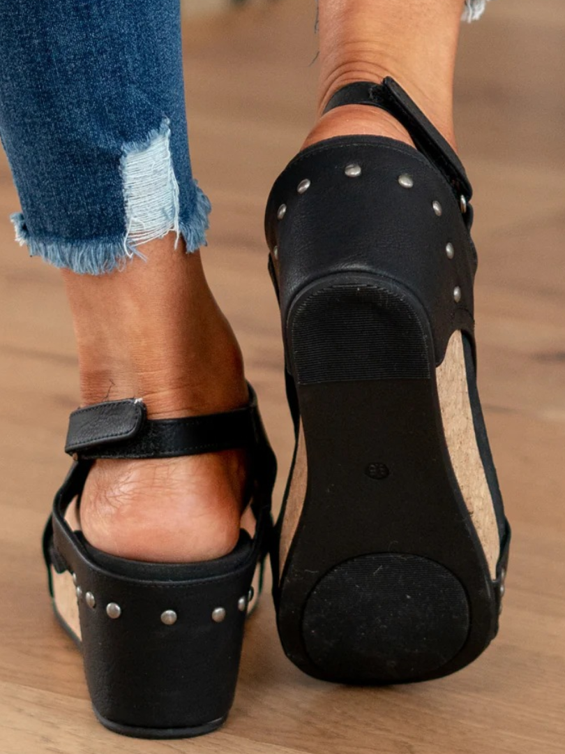 Melba Lane - black cork wedge slingback sandals worn with jeans, sole and back, AU women's sizes