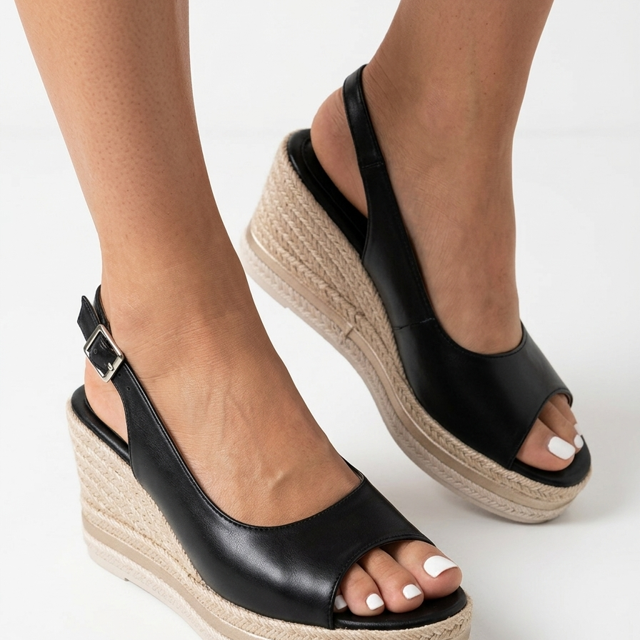 Melba Lane - black braided espadrille wedge sandals, worn angled view, AU women's sizes