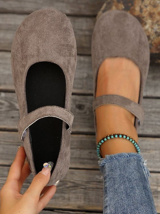 Melba Lane - grey rounded toe Mary Jane flats, pair held in hand, AU women's sizes