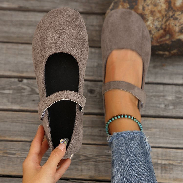 Melba Lane - grey rounded toe Mary Jane flats, pair held in hand, AU women's sizes