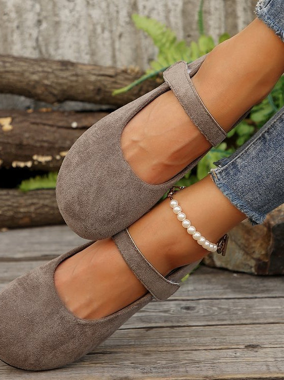 Melba Lane - grey rounded toe Mary Jane flats, worn with straight jeans, AU women's sizes