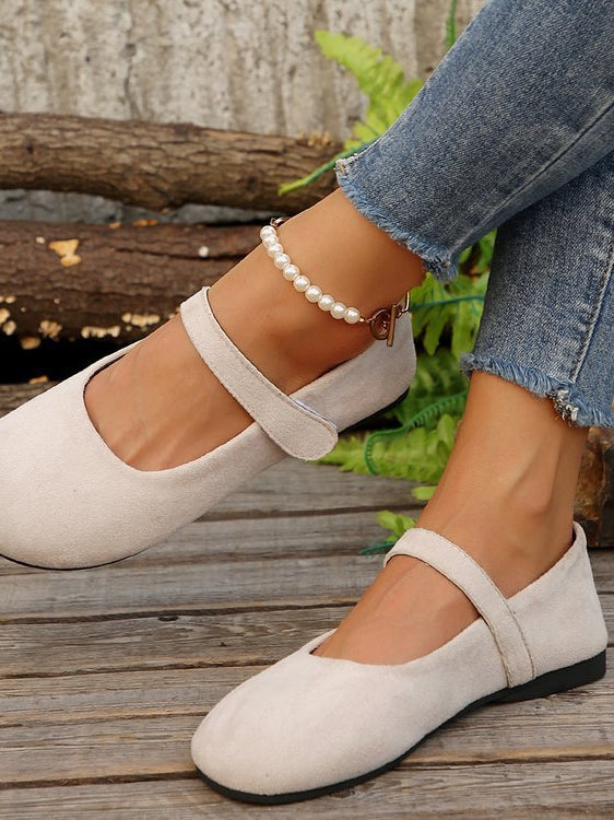 Melba Lane - beige rounded toe Mary Jane flats, worn with straight denim, AU women's sizes