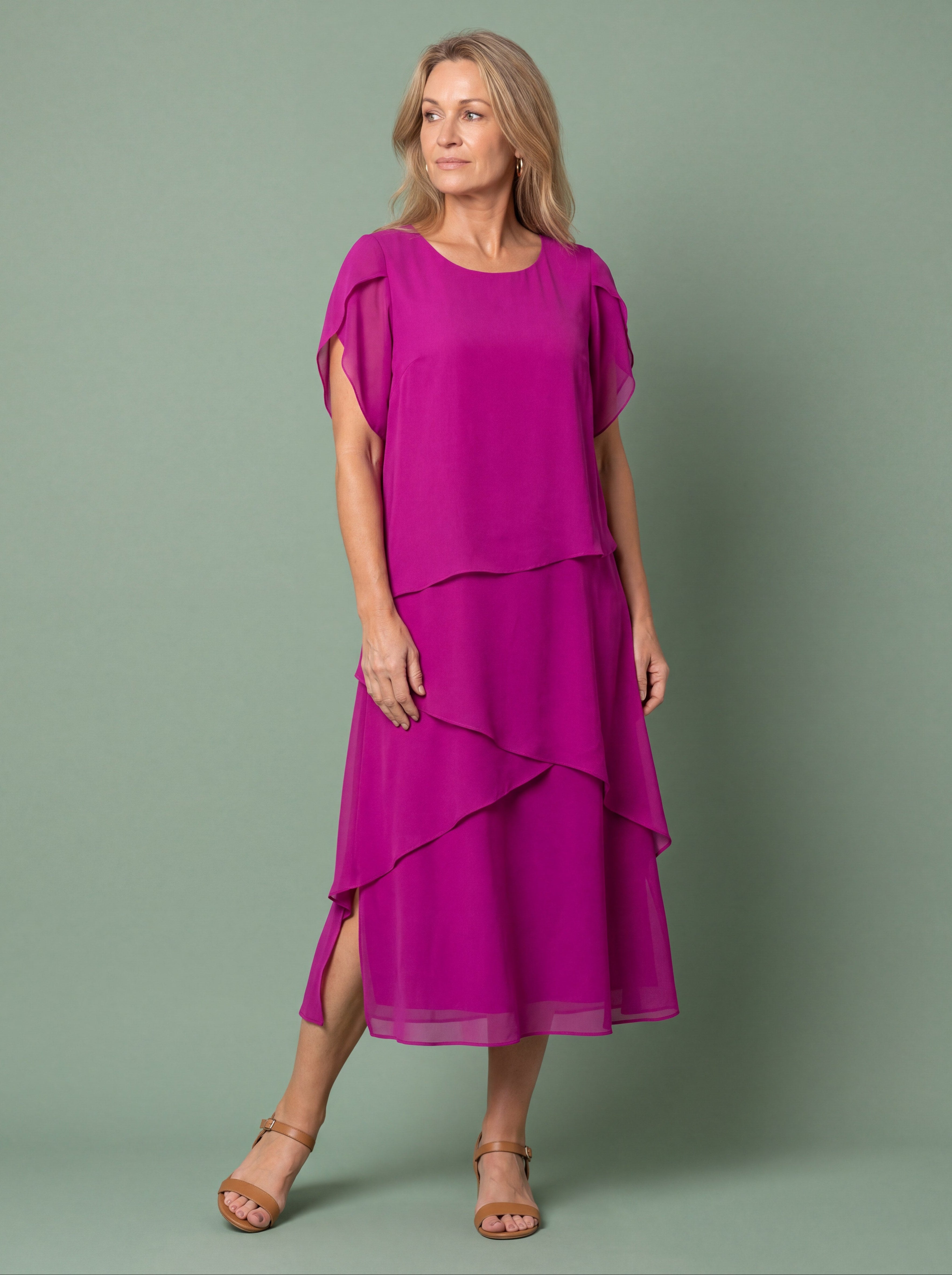 Layered tier occasion midi dress styled for race day