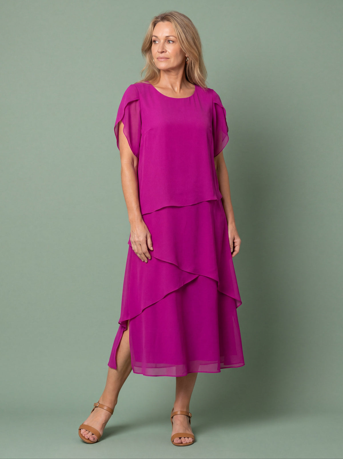 Layered tier occasion midi dress styled for race day