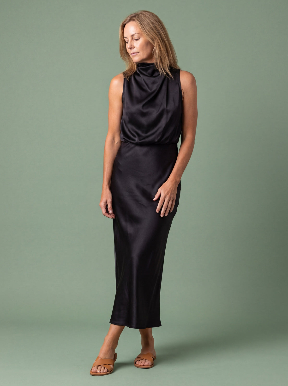 Draped neck satin midi dress for a summer wedding