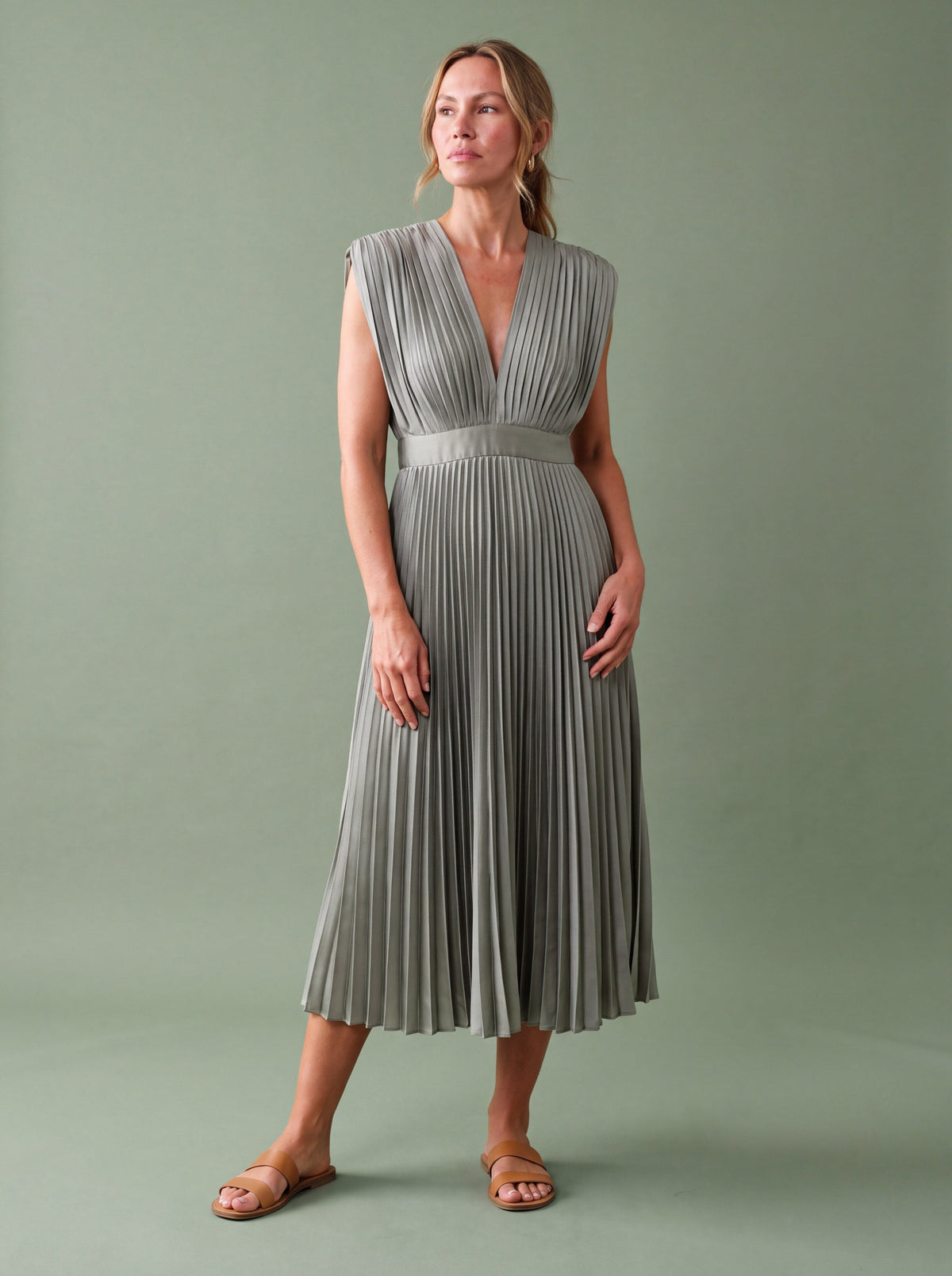 Pleated V-neck midi dress for a summer Christmas lunch