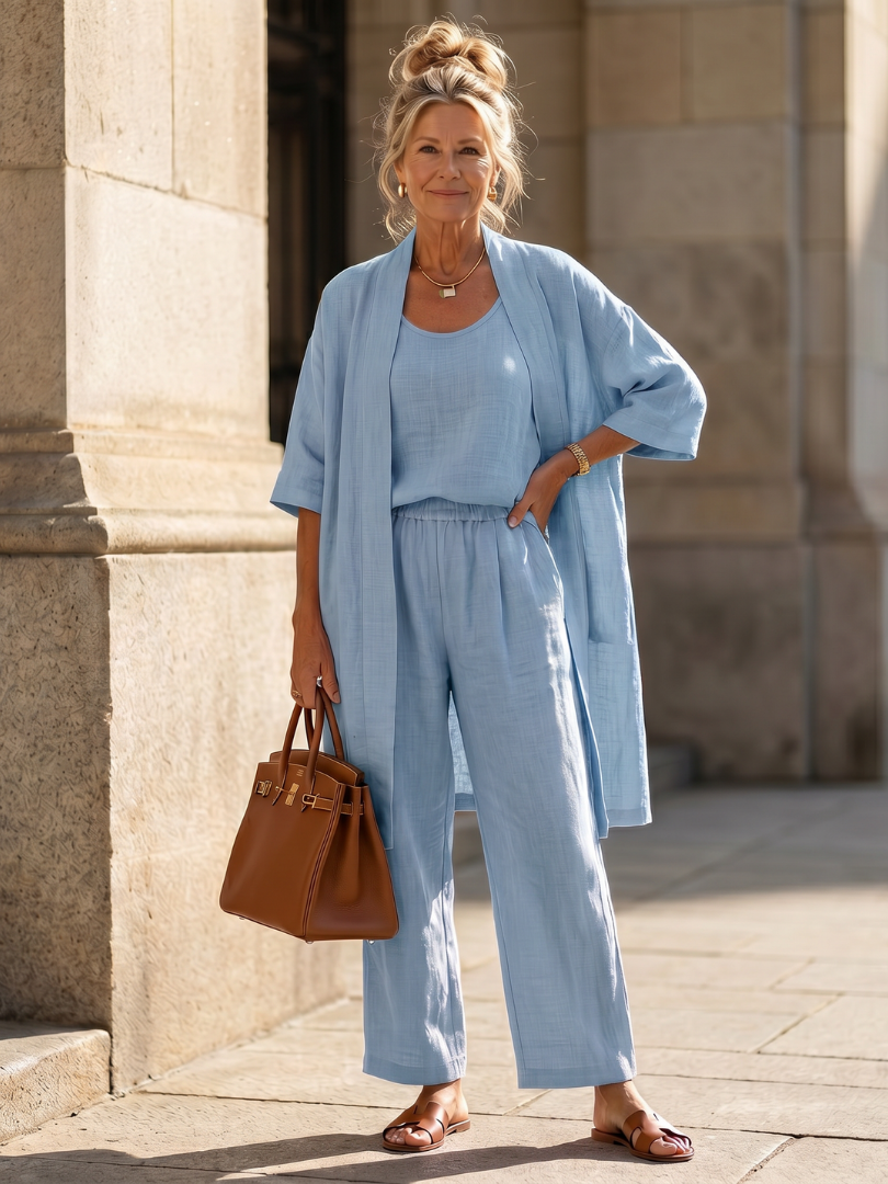 Melba Lane – Telluride blue three-piece duster pant set, full front view worn, AU women's sizes