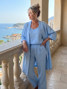 Melba Lane – Telluride blue duster pant set worn by a balustrade, relaxed fit, AU women's sizes