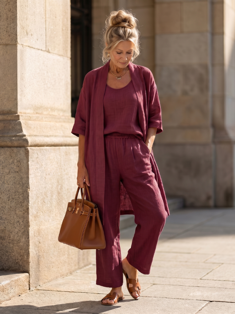Melba Lane – Telluride burgundy three-piece duster pant set, full front view, AU women's sizes