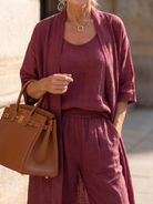 Melba Lane – Telluride burgundy tank and duster layered, worn torso close-up, AU women's sizes